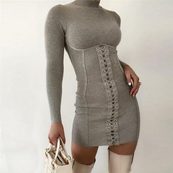 Long Sleeve Turtleneck Hooked Corset Dress - Picture 1 of 10